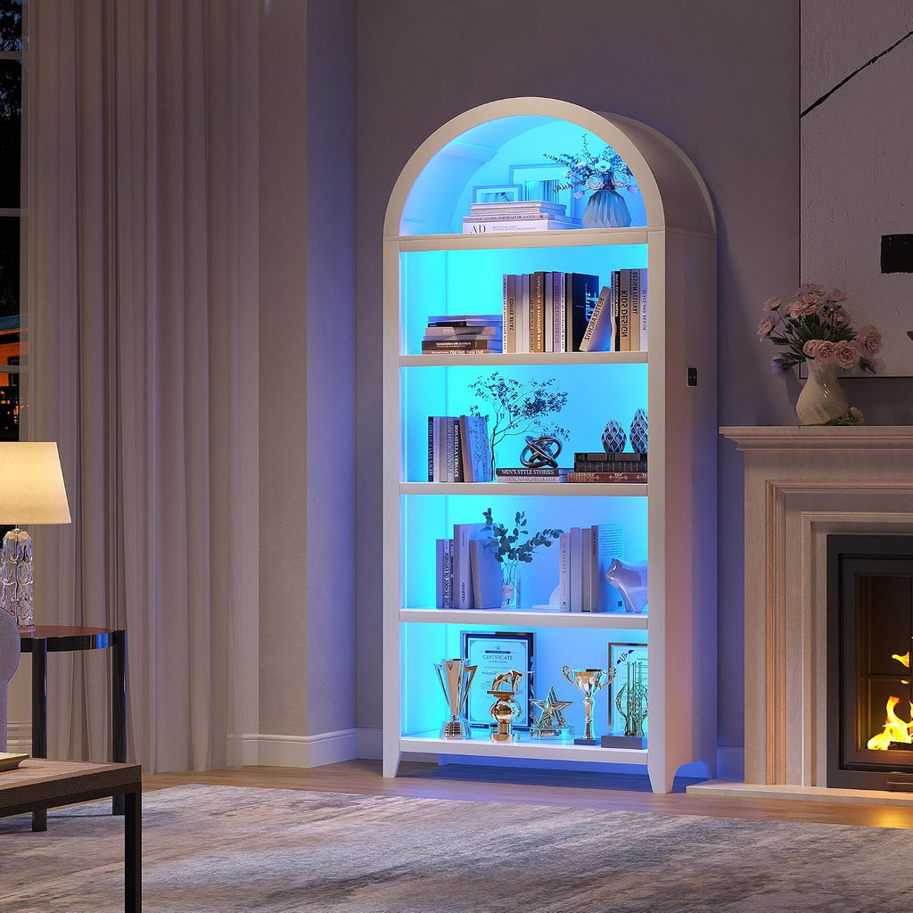 Arch Bookcase - 5 Tiers Bookshelf with 3 Colors LED Sensor Lights and Thickened Wooden Design Display Shelf for Lego Books Bathroom Living Room - Ideal Gift (White)