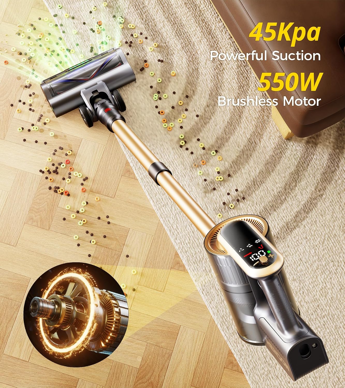RENDOW Cordless Vacuum Cleaner, 65Mins 550W 45Kpa Stick Vacuum, Self-Standing Vacuum Cleaners for Home with LED Display, Anti-Tangle Rechargeable Vacuum Cordless for Pet Hair/Carpet/Hard Floor