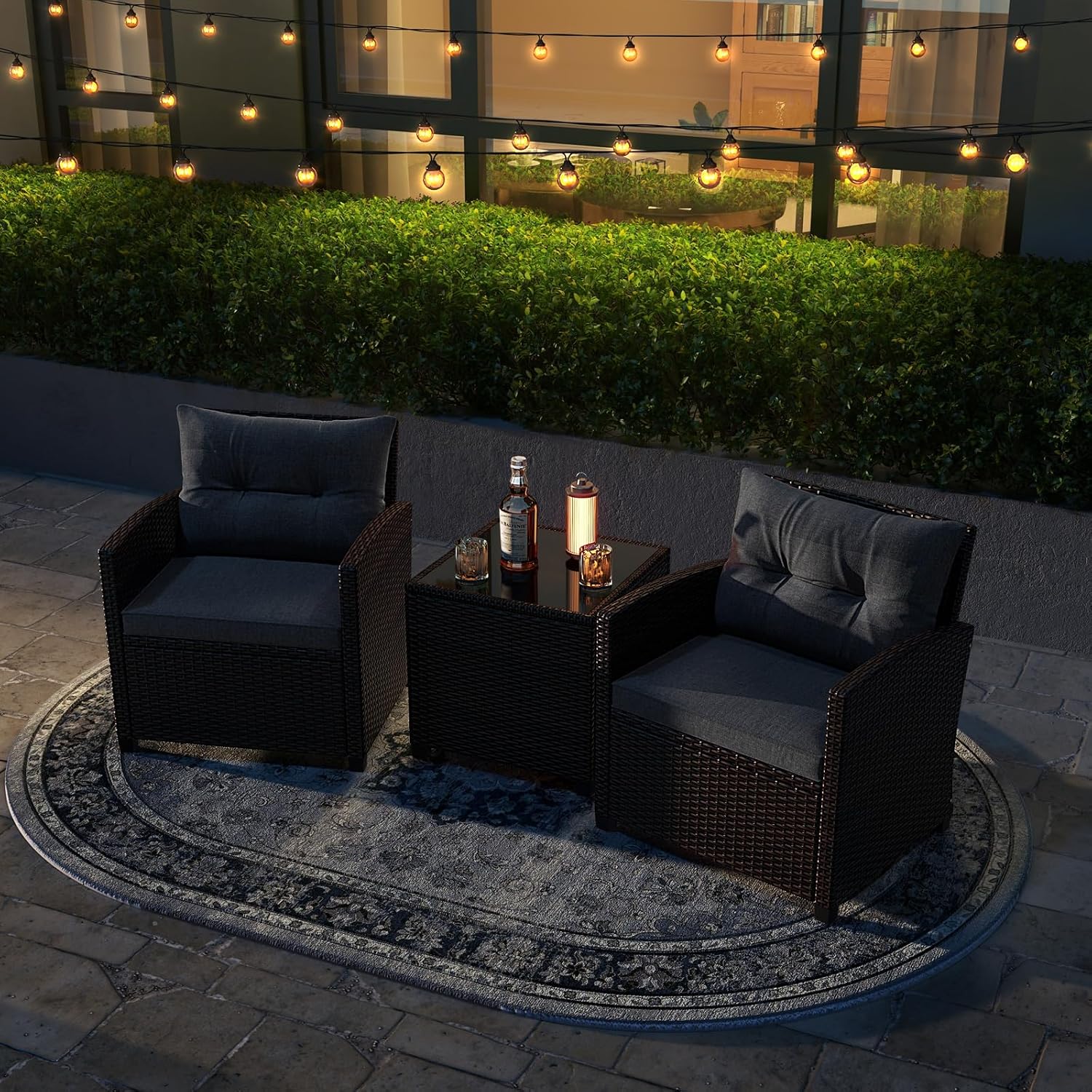 Tangkula 3 Pieces Patio Furniture Set, PE Rattan Wicker 3 Pcs Outdoor Sofa Set w/Washable Cushion and Tempered Glass Tabletop, Conversation Furniture for Garden Poolside Balcony (Grey)