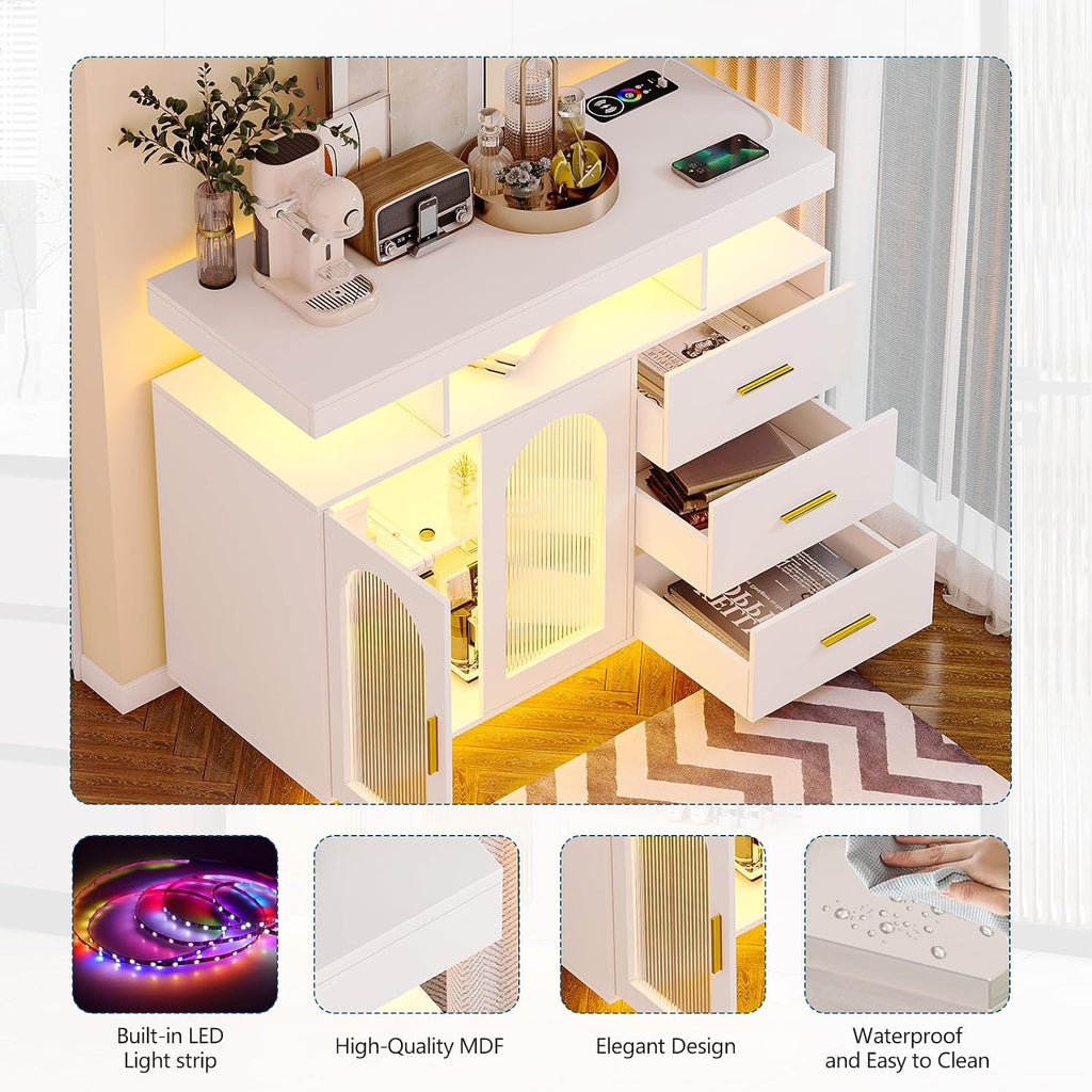 HNEBC LED Sideboard Buffet with Charging Station, Smart Bar Cabinet with Auto RGB Lighted, Coffee Bar with 3 Drawers/Adjustable Shelf for Living Room, Dining Room,Home Storage (White)