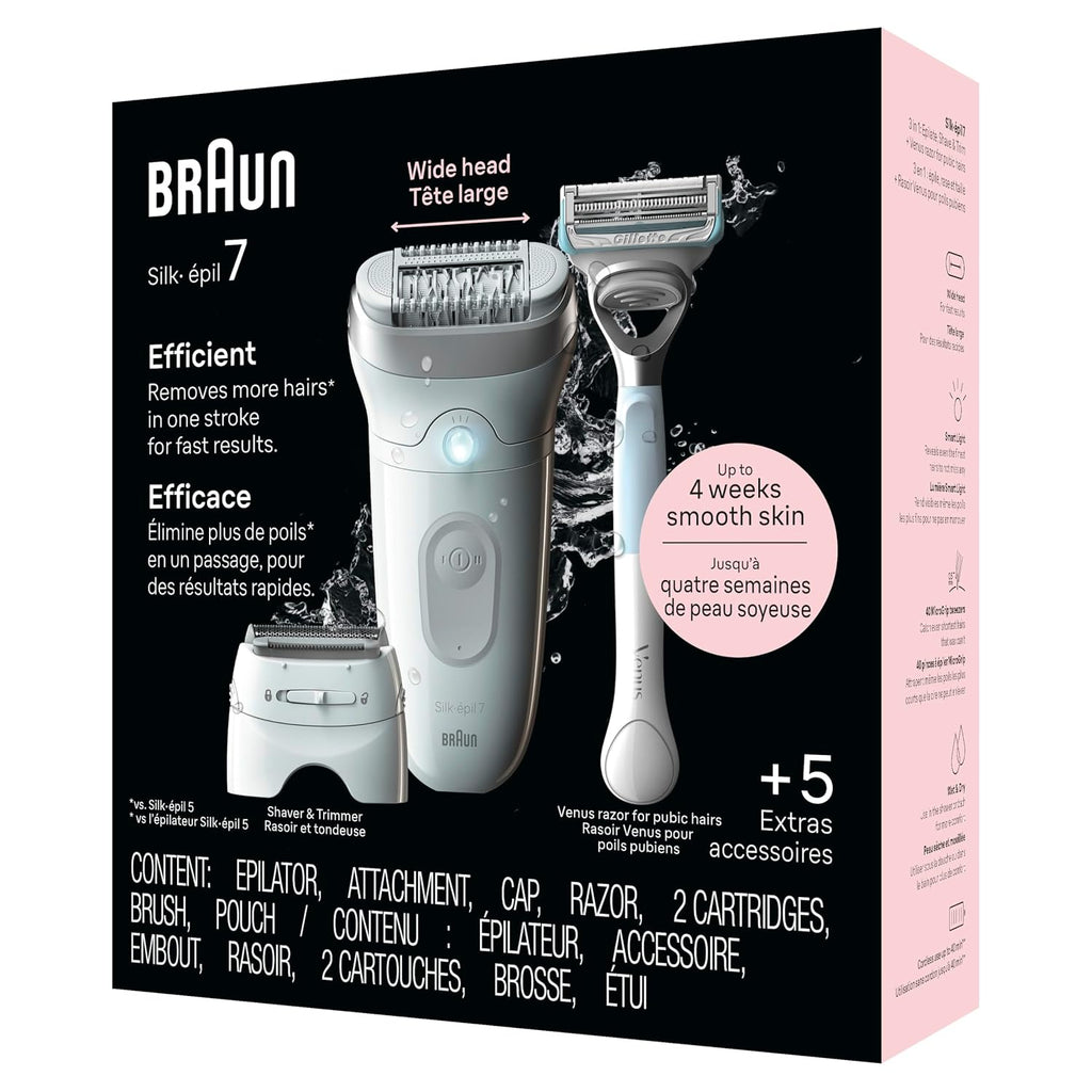 Braun Silk-épil 7 Epilator, Wet and Dry, Wide Head, Includes Venus Intimate Razor, Shaver Head and Trimmer Comb, SE7-141