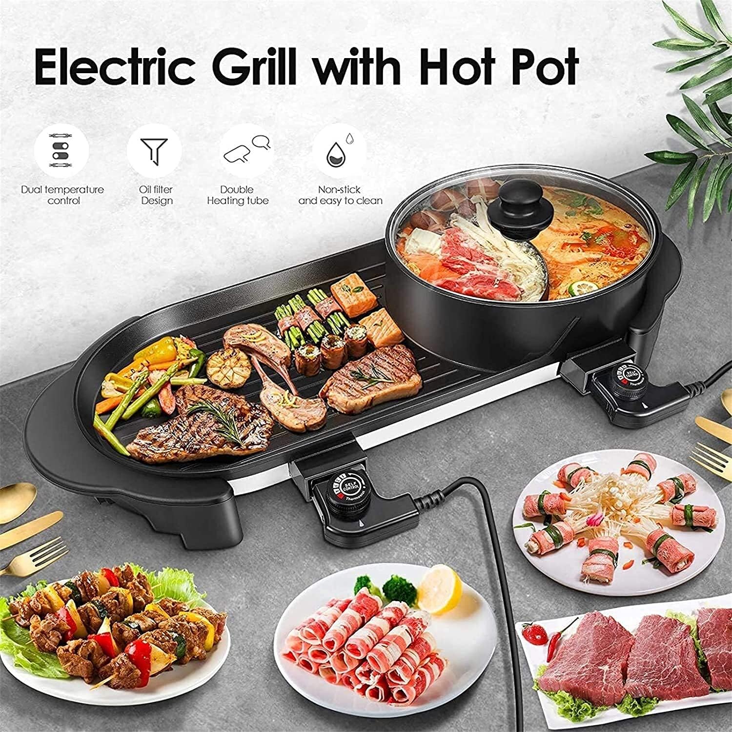 Korean BBQ Grill Portable Electric Grill, Indoor Electric BBQ Grill The Electric Grill is Suitable for Family Dinners and Entertainment Gatherings. Indoor Teppanyaki/Casserole, Independent Double Temp