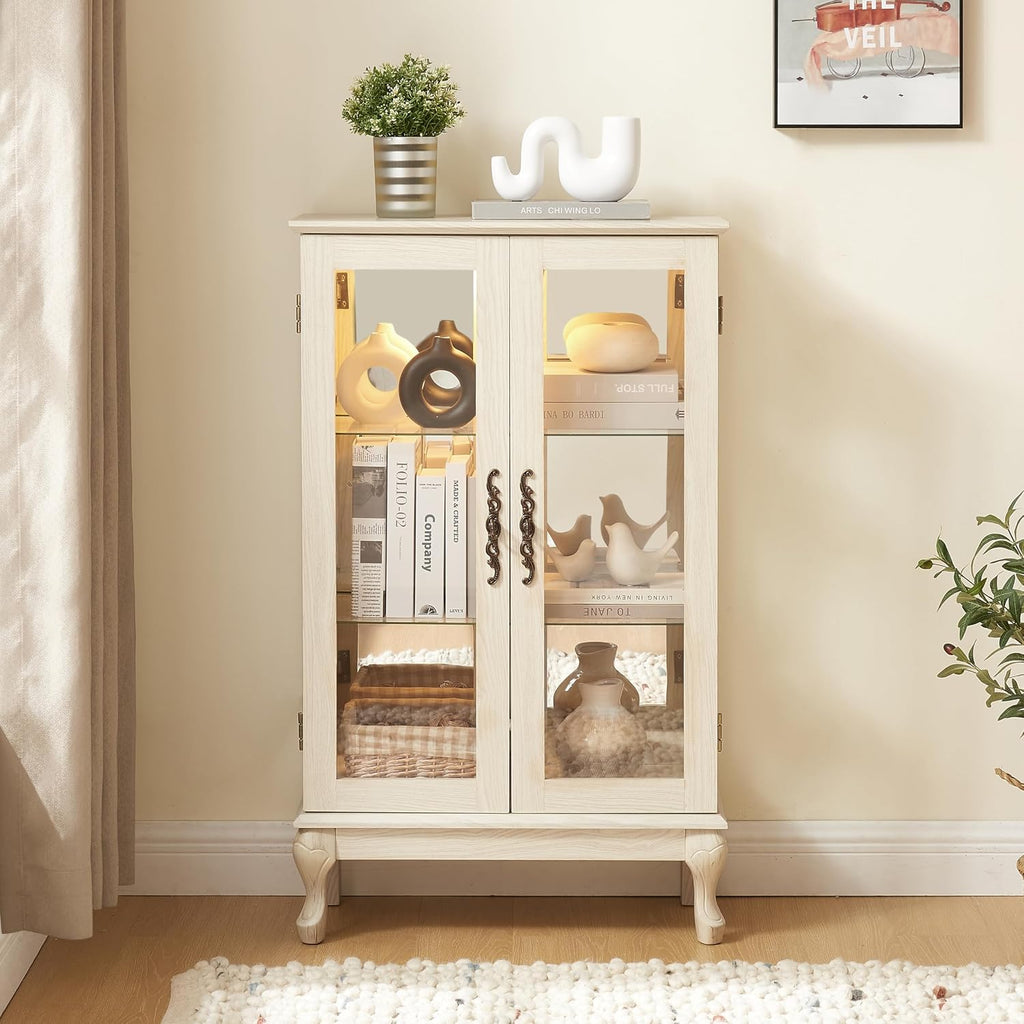 43' H Lighted Curio Cabinet Display Case, Glass Curio Cabinet with Adjustable Shelves & Tempered Glass Door, Wooden Cabinets with Mirrored Back Pane for Living Room (Antique White)