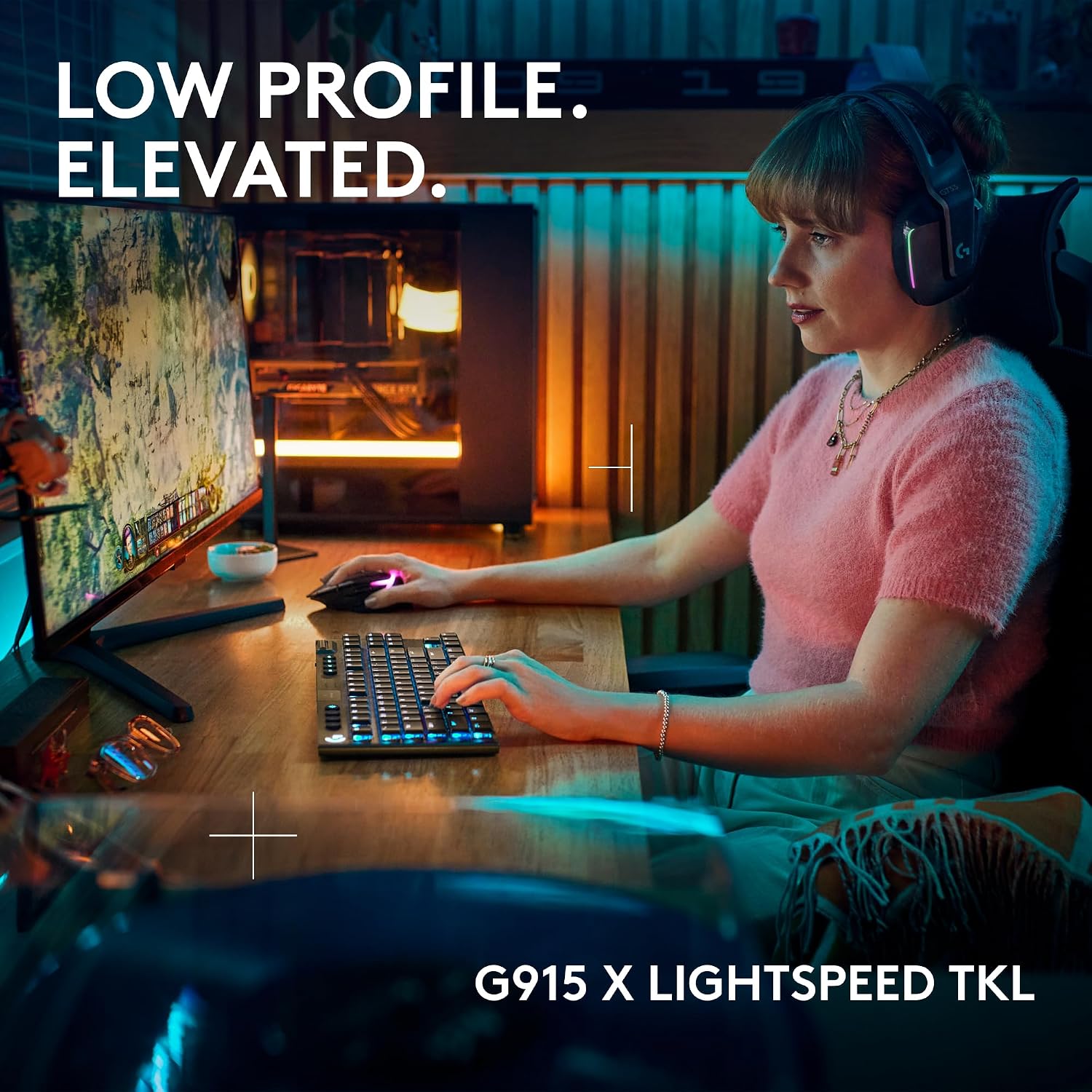 Logitech G915 X Lightspeed TKL Low-Profile Wireless Gaming Keyboard, Double-Shot PBT Keycaps, Fully Programmable Keys, RGB Backlighting, Sleek Aluminum Finishing, GL Blue Clicky - PC/Mac - Black