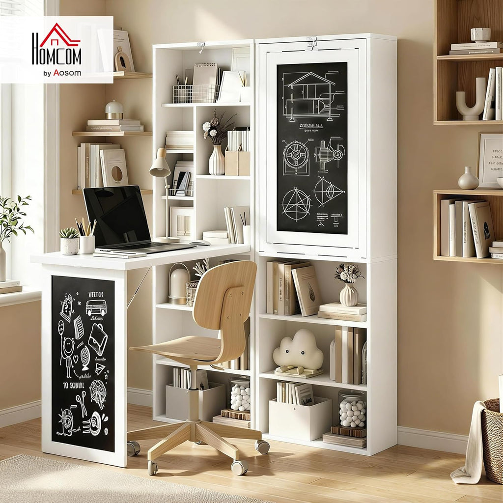 HOMCOM Foldable Convertible Writing Table, Wall Mounted Space-Saving Computer Desk with Chalkboard and Storage Shelves for Small Spaces, Home Office, Bedroom, Dorm, Apartment, White
