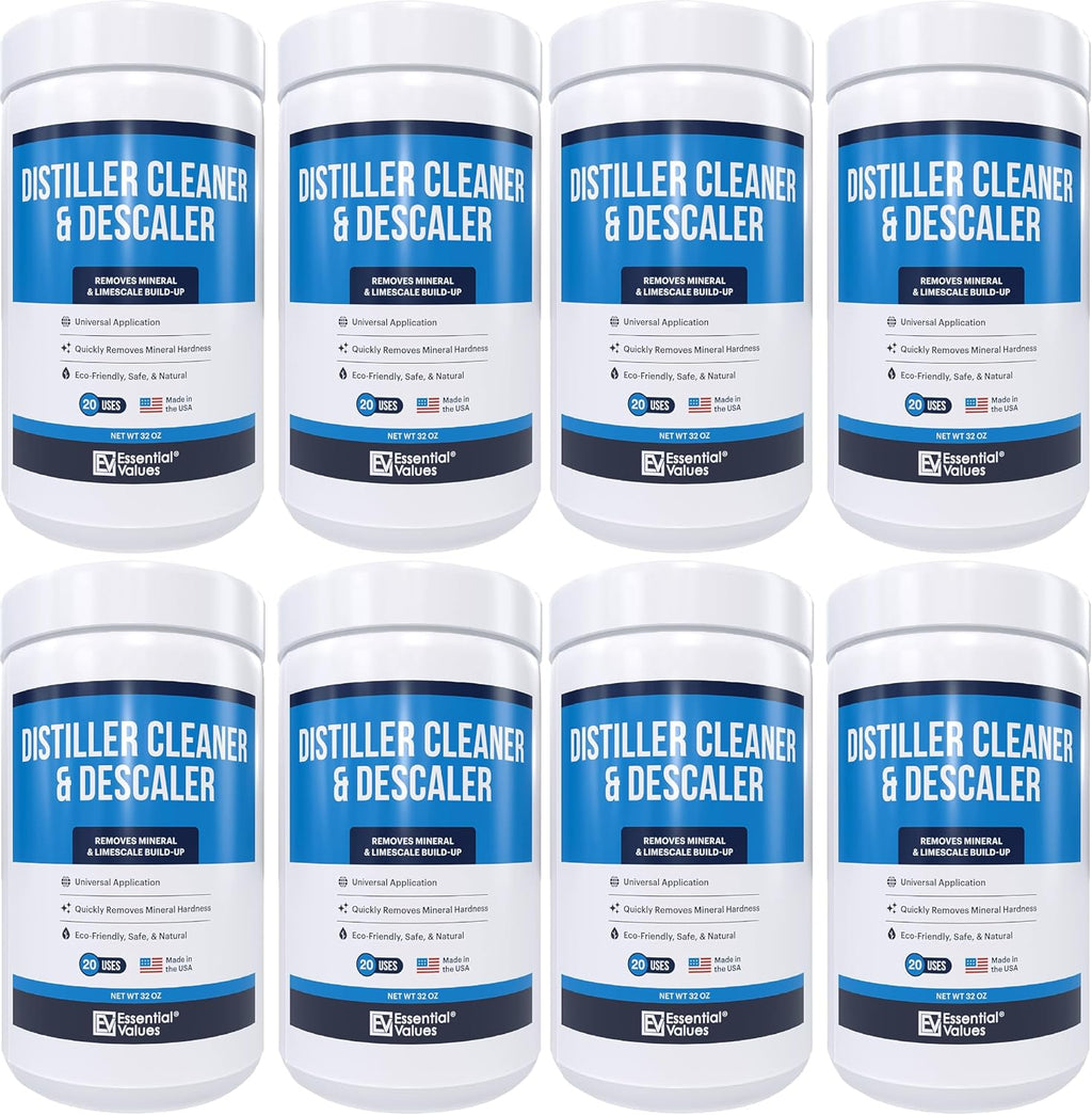 Essential Values Universal Descaler - Espresso Descaling Solution - Coffee Machine Cleaner - Critic Acid Tea Kettle Urn Water Distiller Cleaner - Manufactured in USA - 8 Pack