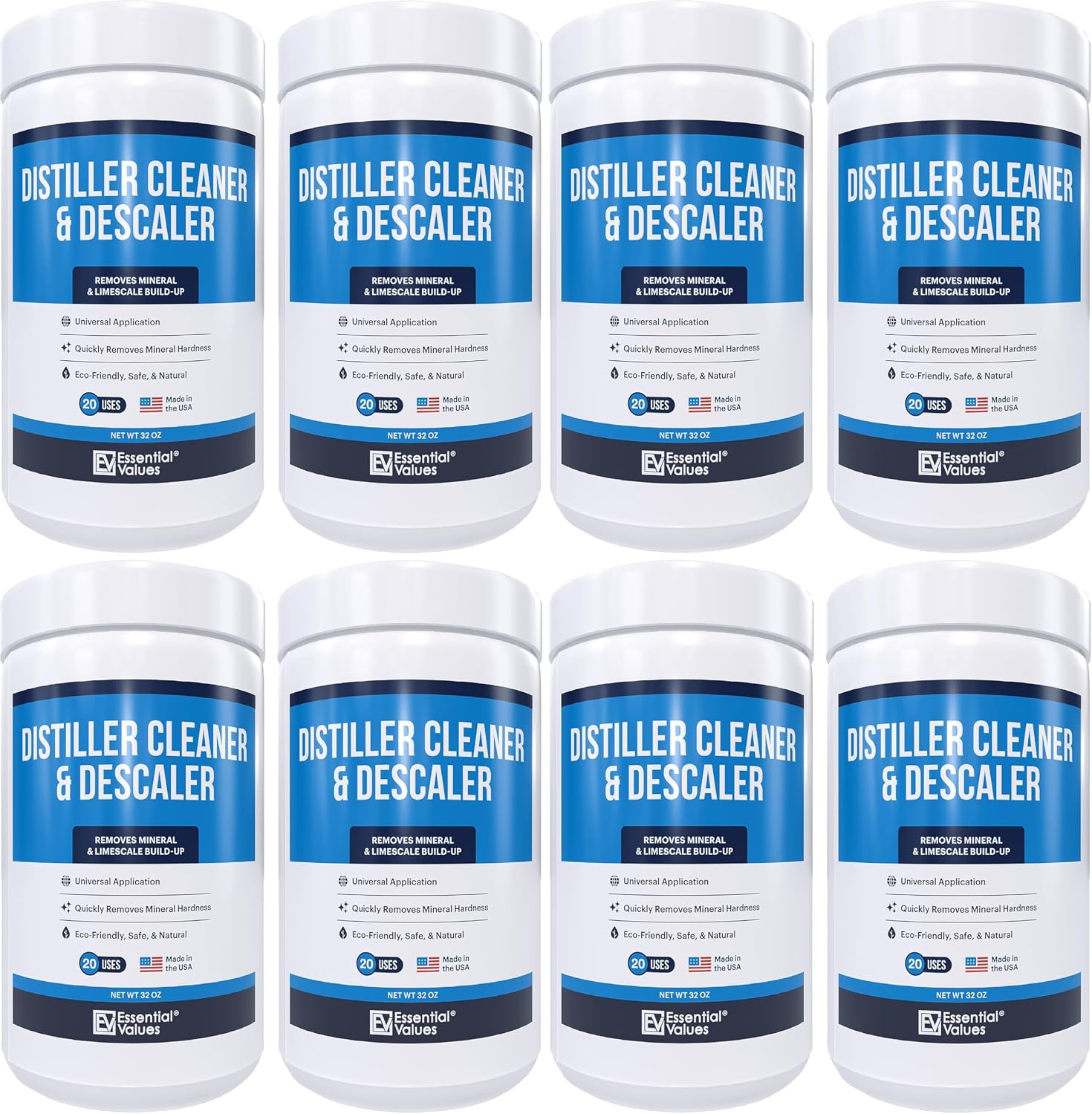 Essential Values Universal Descaler - Espresso Descaling Solution - Coffee Machine Cleaner - Critic Acid Tea Kettle Urn Water Distiller Cleaner - Manufactured in USA - 8 Pack