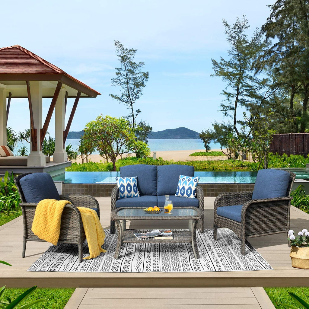 ovios 4-Piece Patio Furniture Set, Outdoor Wicker Sofa with Chairs Coffee Table, High Back Rattan Couch Loveseat with Comfy Cushions for Porch Yard Deck, Denim Blue