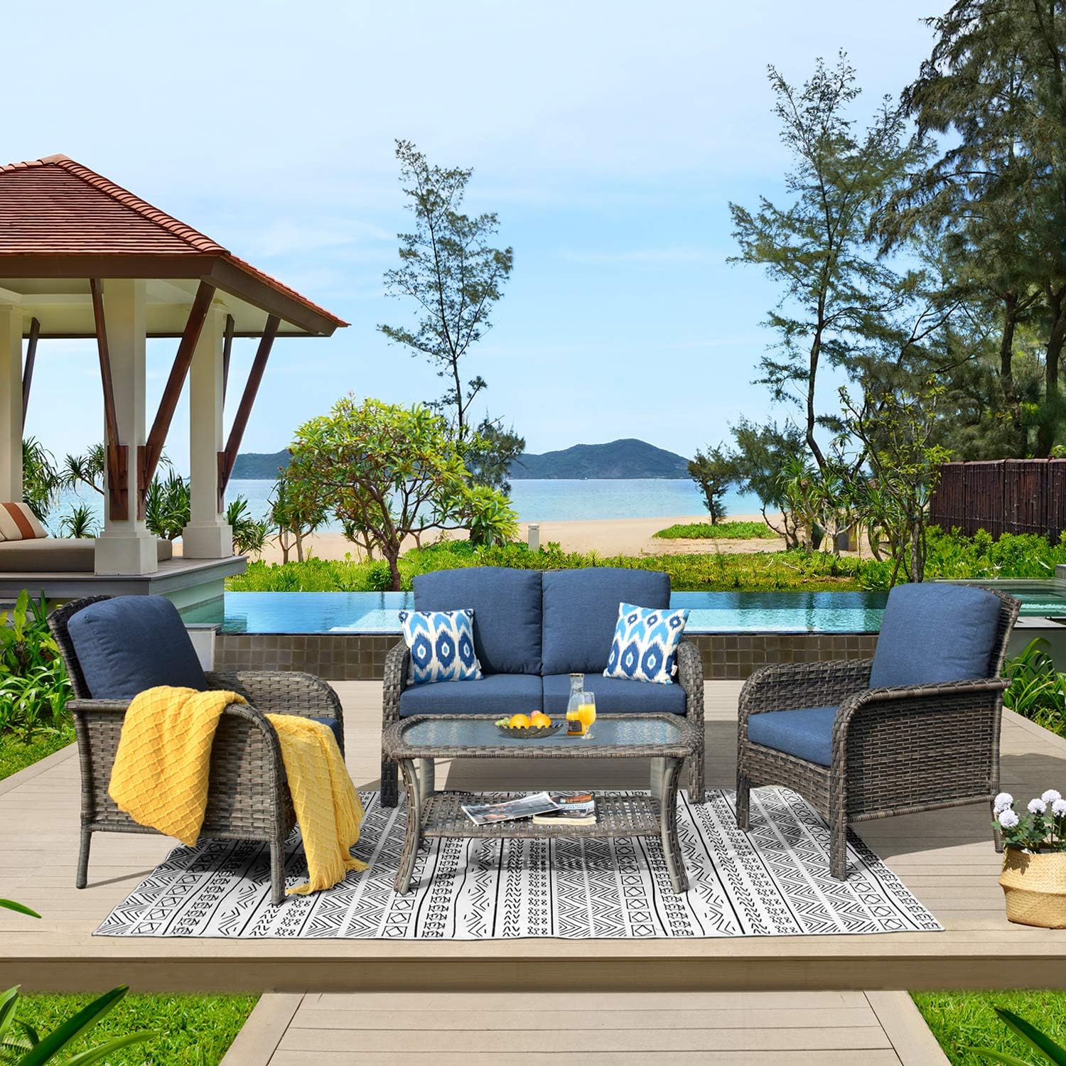 ovios 4-Piece Patio Furniture Set, Outdoor Wicker Sofa with Chairs Coffee Table, High Back Rattan Couch Loveseat with Comfy Cushions for Porch Yard Deck, Denim Blue