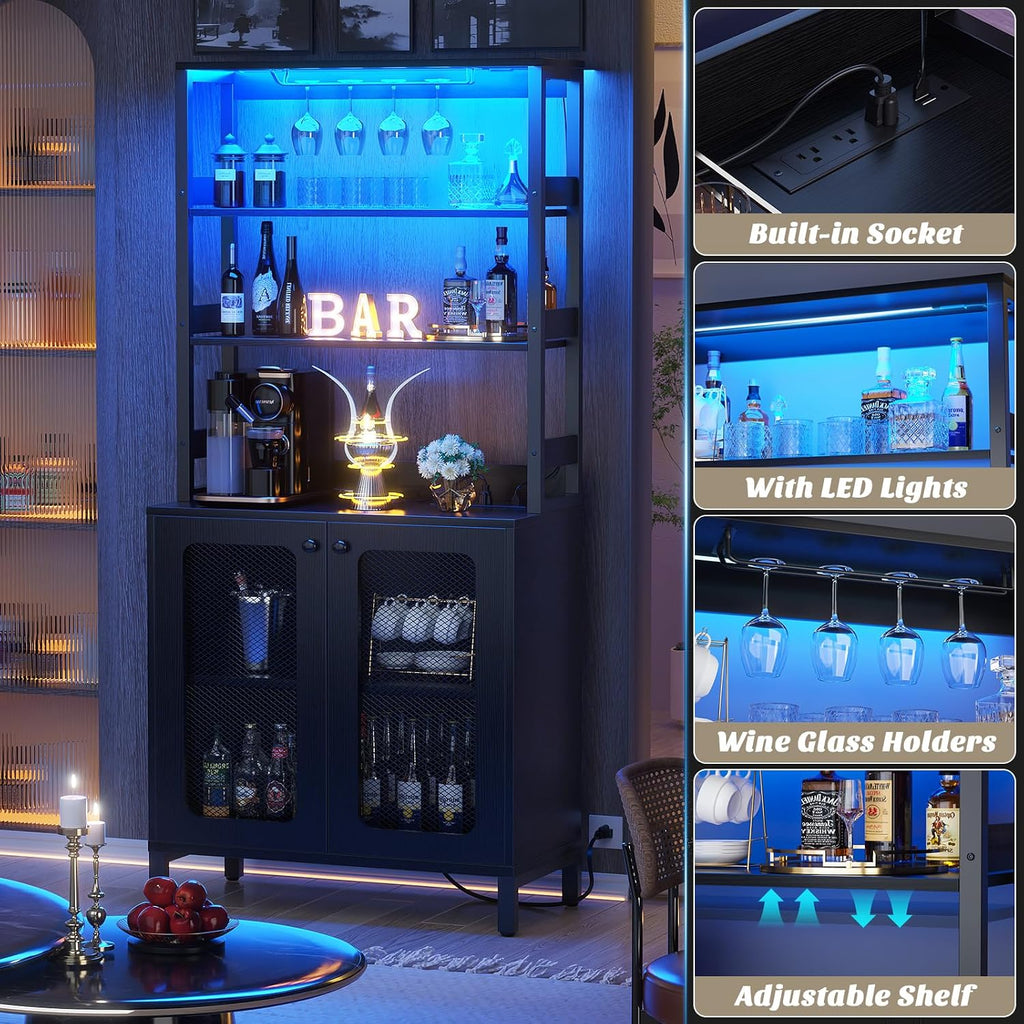 Aheaplus Bar Cabinet with Power Outlets, 67' Tall Wine Bar Cabinet Liquor Cabinets with LED Lights and Glass Holder, Coffee Bars Station for Living Room, Microwave Stand Bakers Rack Cabinets, Black