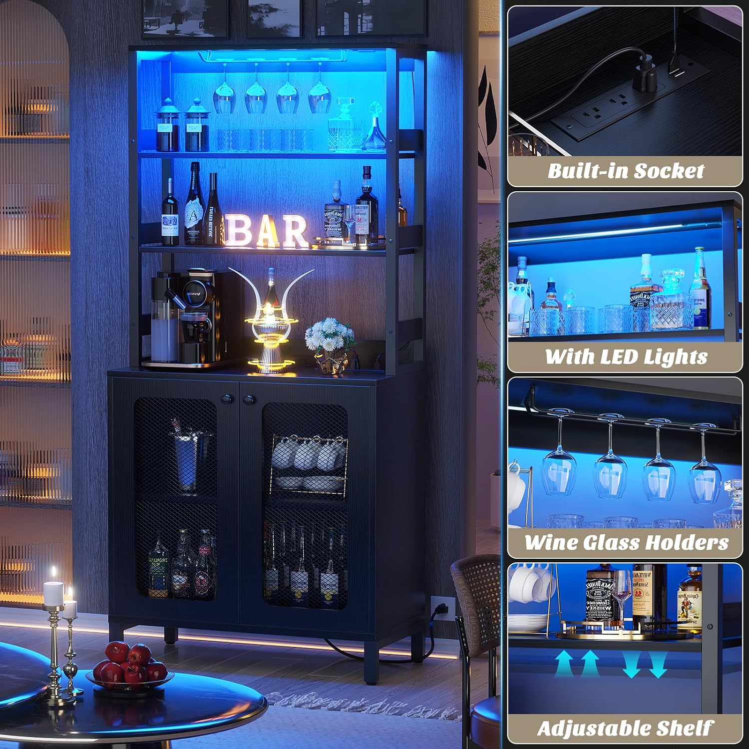 Aheaplus Bar Cabinet with Power Outlets, 67' Tall Wine Bar Cabinet Liquor Cabinets with LED Lights and Glass Holder, Coffee Bars Station for Living Room, Microwave Stand Bakers Rack Cabinets, Black