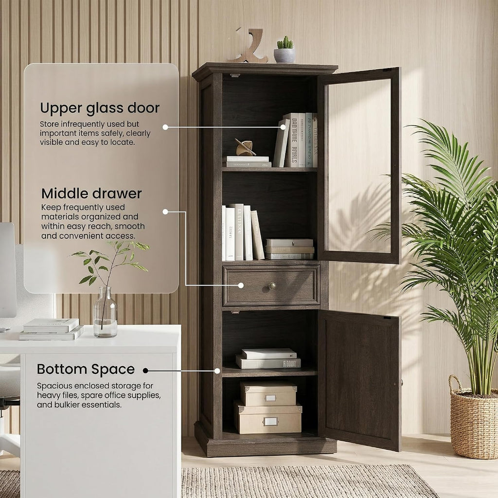 65' Tall Bookcase with Tempered Glass Door, Elegant Freestanding Display Cabinet with Drawer, Modern Wooden Kitchen Pantry Storage Cabinets for Living Room/Office(Brown)