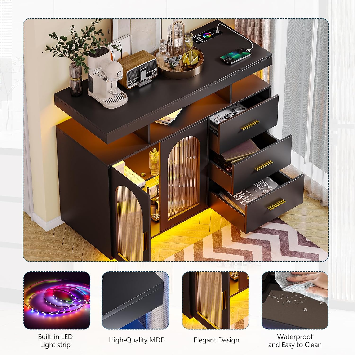 HNEBC LED Sideboard Buffet with Charging Station, Smart Bar Cabinet with Auto RGB Lighted, Coffee Bar with 3 Drawers/Adjustable Shelf for Living Room, Dining Room,Home Storage (Black)