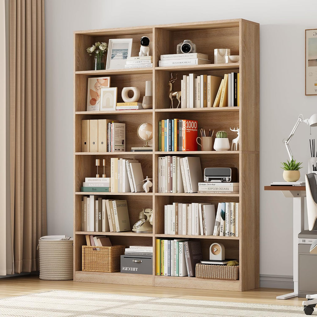 FACBOTALL Bookshelf and Bookcase, 6-Tier Double Wide Bookshelves,Freestanding Display Storage Shelves, Tall Bookcases for Home Decor Bedroom, Living Room, Home Office, Light Oak