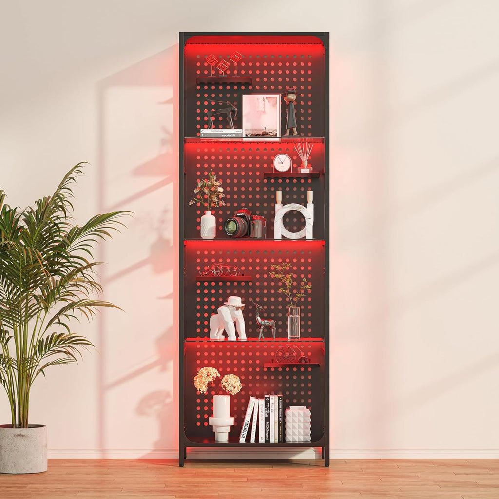 Saudism Glass Display Shelf for Collectibles, LED Black Shelf, Curio Cabinet, Lighted Tall Narrow Shelf with Pegboard Steel Frame for Gaming Room, Floor Lamp with Shelves, Living Room, Bedroom, Large