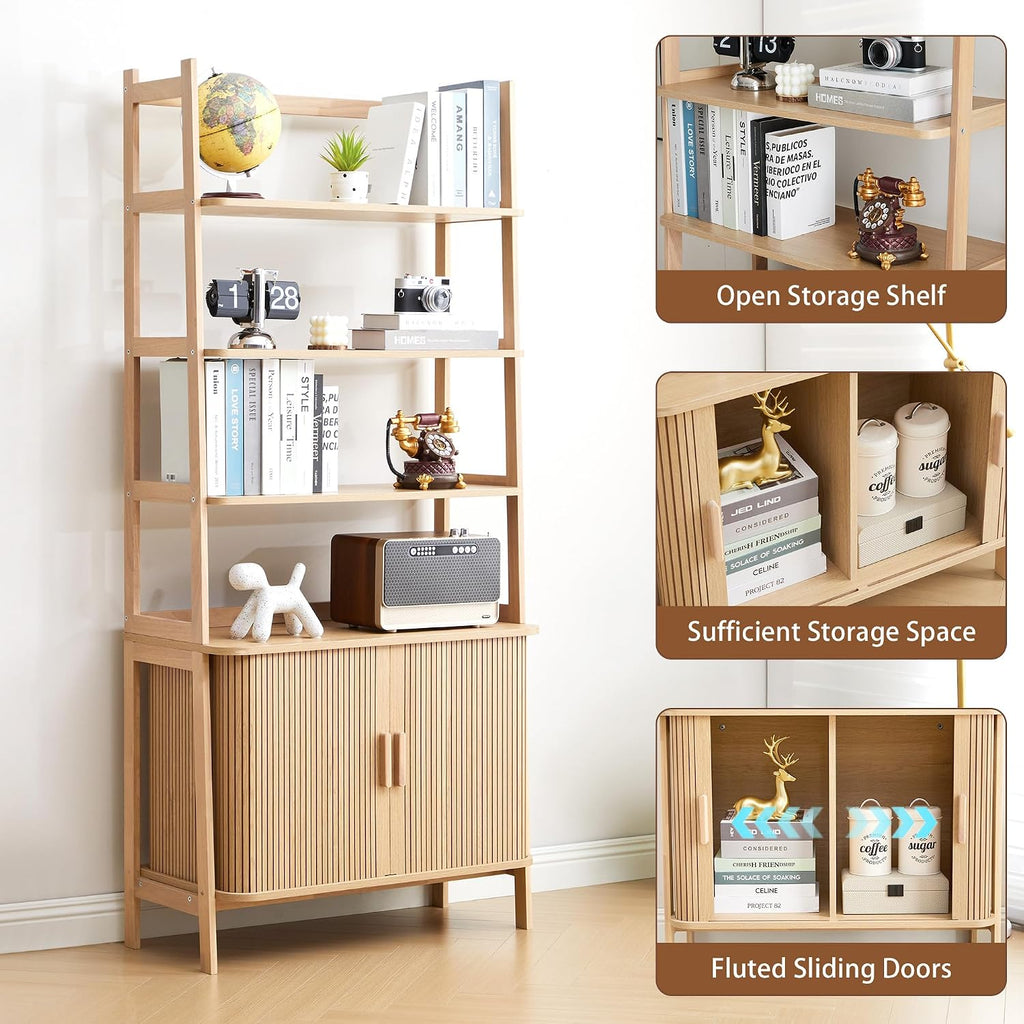 4-Tier Bookshelf, Tall Bookcase with Open Shelf and Sliding Door, 70' Freestanding Storage Organizer Display Cabinet for Living Room, Home Office (Natural)