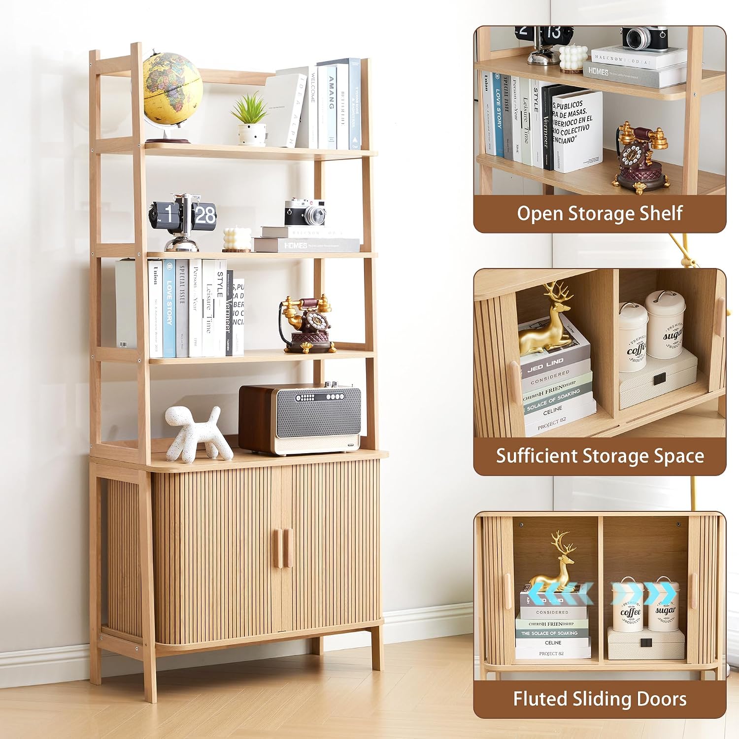 4-Tier Bookshelf, Tall Bookcase with Open Shelf and Sliding Door, 70' Freestanding Storage Organizer Display Cabinet for Living Room, Home Office (Natural)