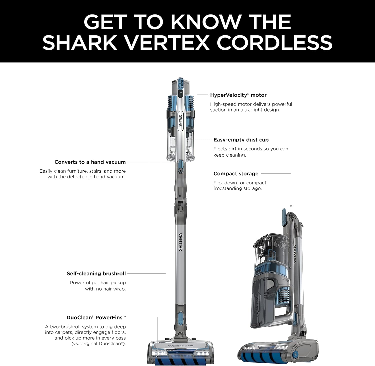Shark Vertex Cordless Stick Vacuum | Powerful Suction, 60min Runtime, No Hair Wrap | HEPA Filter, XL Dust Cup, DuoClean PowerFins, MultiFLEX Wand | Crevice Tool & Pet Multi-Tool | Silver | IZ464H
