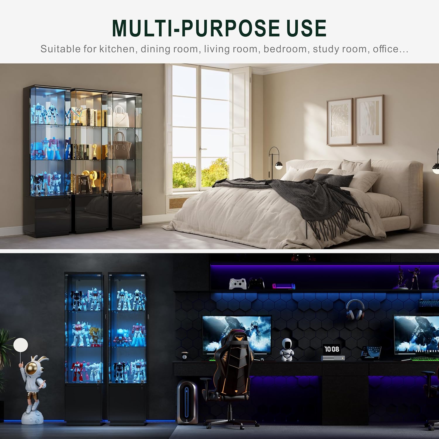 Lvifur Lockable Curio Display Cabinet with Glass Door,65' Lighted Curio Cabinet with 3 Color Lights for Collectibles,3-Tier Glass Display Case with Human Body Sensor for Living Room,Black