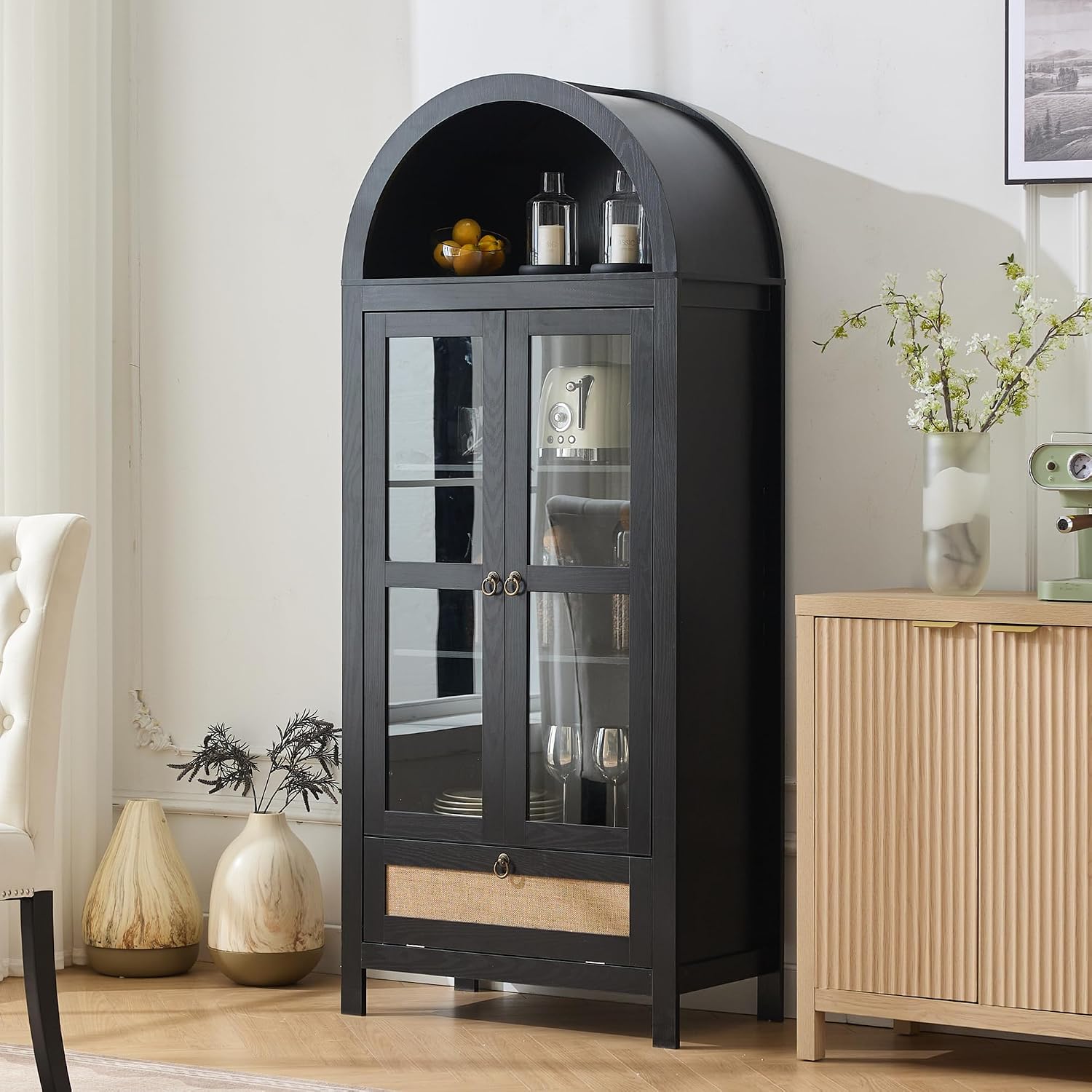 TYBOATLE 71' Tall Arched Pantry Cabinet with Innovative Drawer, Kitchen Cabinet with Anti-Tipping Device and Glass Door, Versatile Cupboard for Kitchen, Dining, Black