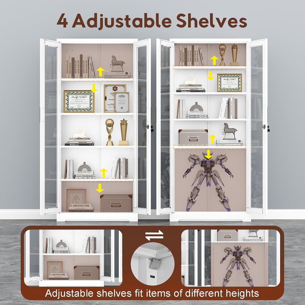 UNICOLY Lockable Display Cabinet with Glass Doors, Curio Cabinets with 4 Adjustable Shelves, Liquor Bookcase Bookshelf with Doors, Metal Storage Cabinet for Living Room Pantry, White