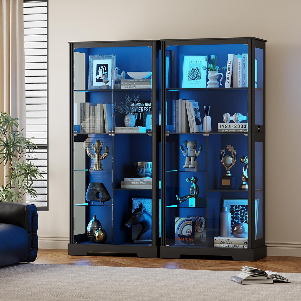 HNEBC 71'' Display Cabinet with 5-Tier and 3 Color Lights for Books Toys Liquor,Curio Cabinet with Human Body Bookcases for Bedroom, Living Room,Black