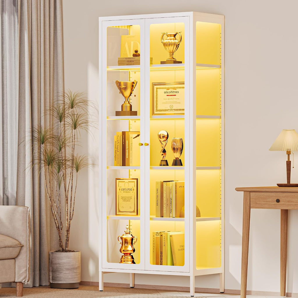 Lucky Monet 5-Tier Display Cabinet with 12 Color Lights & Glass Doors, 67' Lighted Curio Cabinet with Adjustable Shelves, Glass Metal Display Case for Collectibles Figures China (White)