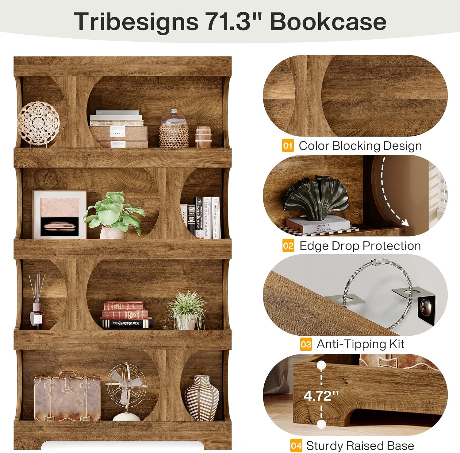 Tribesigns 71' Tall Bookcase, 4-Tier S-Shaped Bookshelf, Wood Decorative Storage Shelving, Modern Freestanding Display Shelves, Large Library Book Shelf Unit for Home Office Living Room Bedroom, Brown