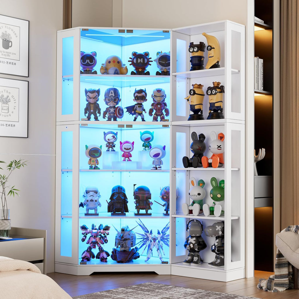 Corner Display Cabinet with Glass Doors, 71' Lighted Curio Cabinet with 3 Color Lights for Collectibles, 5-Tier Display Case with Extra Bookcase for Toys, Books (White)
