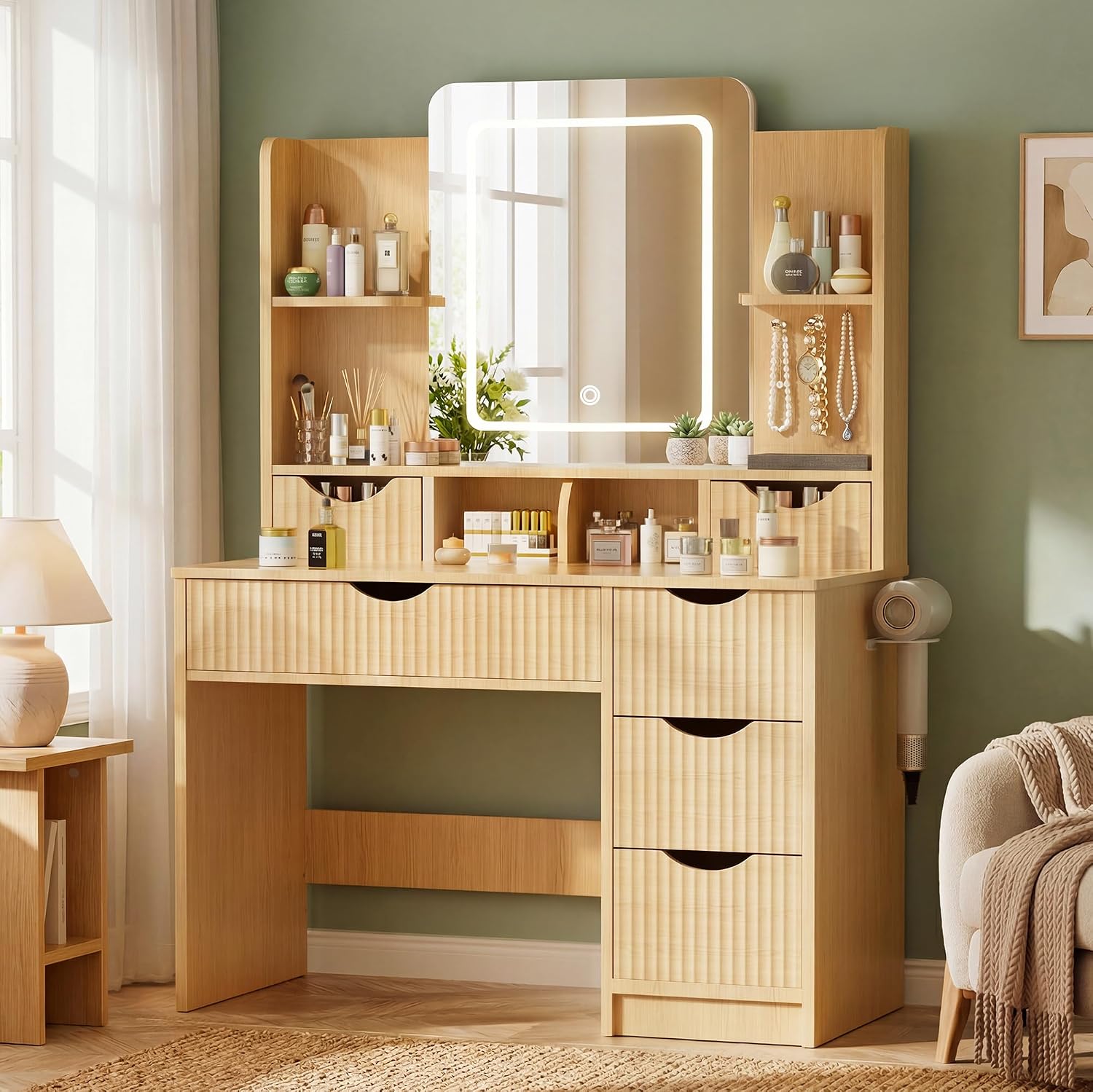 Vanity Desk with Mirror and Lights, Makeup Vanity Table with Large 6 Drawers Modern Fluted Wooden Dressing Table with Jewelry Hook 3 Color Modes Adjustable LED Mirror for Women Girls Bedroom or Dorm