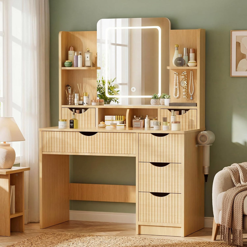 Vanity Desk with Mirror and Lights, Makeup Vanity Table with Large 6 Drawers Modern Fluted Wooden Dressing Table with Jewelry Hook 3 Color Modes Adjustable LED Mirror for Women Girls Bedroom or Dorm
