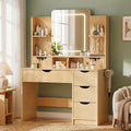 Vanity Desk with Mirror and Lights, Makeup Vanity Table with Large 6 Drawers Modern Fluted Wooden Dressing Table with Jewelry Hook 3 Color Modes Adjustable LED Mirror for Women Girls Bedroom or Dorm