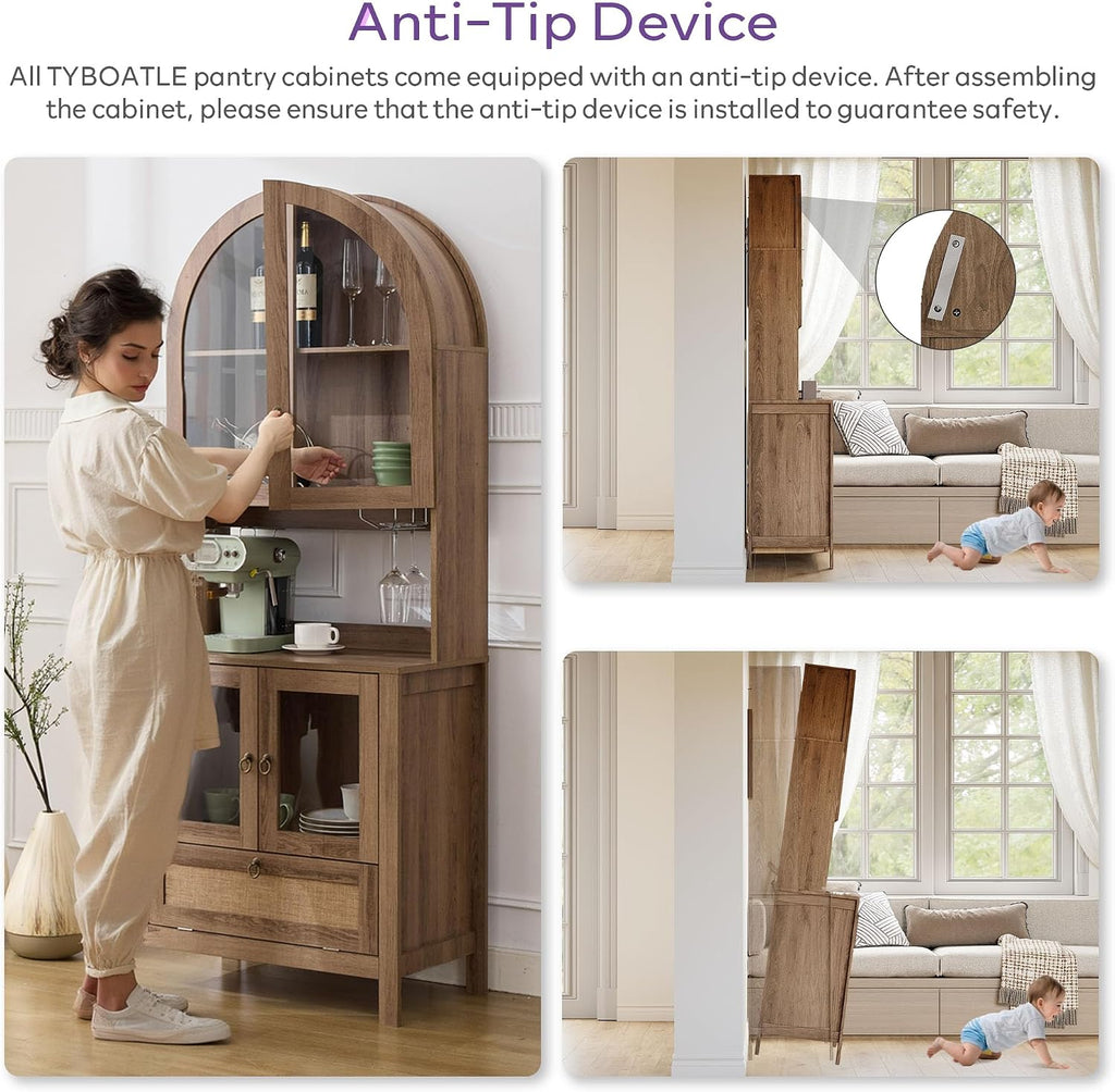 TYBOATLE 75'' Tall Arched Cabinet w/Accessible Storage Area, China Cabinet w/Anti-Tipping Device and Innovative Drawer, Versatile Cupboard for Kitchen, Dining (Natural)