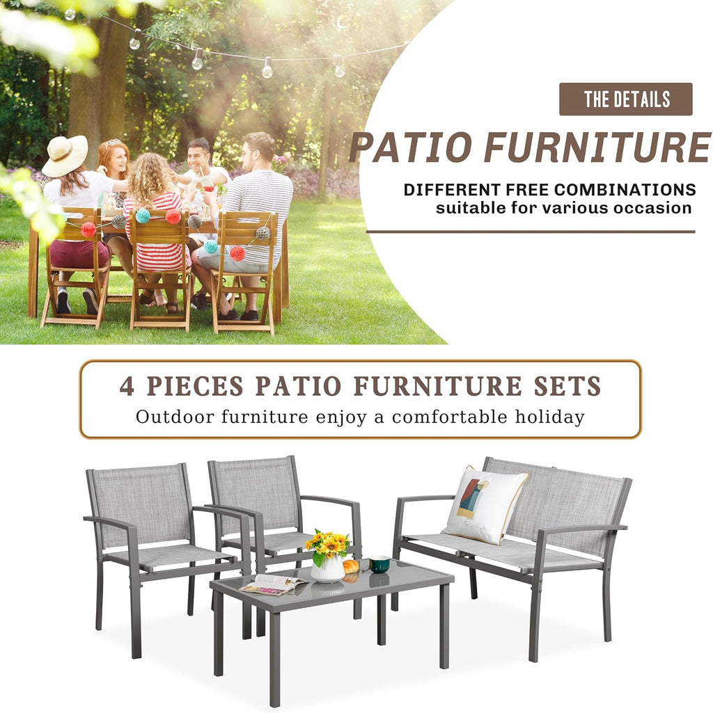 Vongrasig 4 Pieces Patio Furniture Sets,Outdoor Patio Conversation Sets with Glass Coffee Table, Small Porch Balcony Furniture, Patio Table and Chairs Set for Garden, Backyard (Silver)