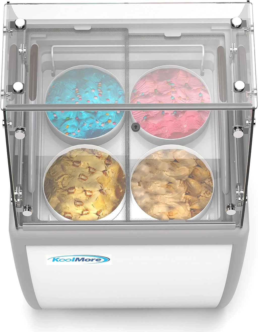 Koolmore 26 inch Commercial Ice Cream Dipping Cabinet Display Case, 4 Large Displayed Tubs, 2 Storing Tube, Sliding Glass Door, Rolling Wheels and Lockable Breaks [5.7 Cu. Ft.] (KM-ICD-26SD) White