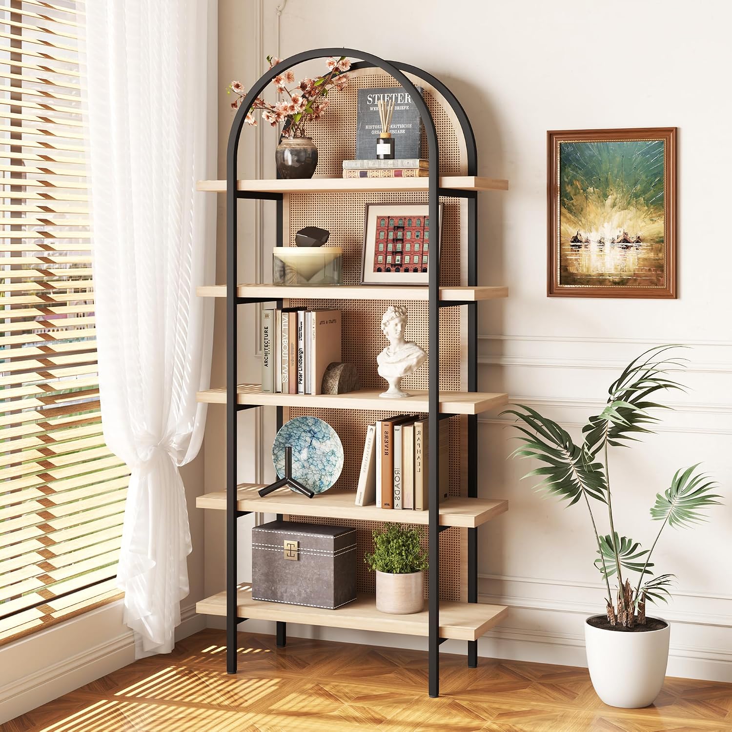 Yusong Bookshelf Rattan 5 Tier Arched Bookcase, 74' Tall Industrial Open Book Shelves for Living Room, Modern Freestanding Display Shelving Boho Storage Rack with Metal Frame for Office, Brown