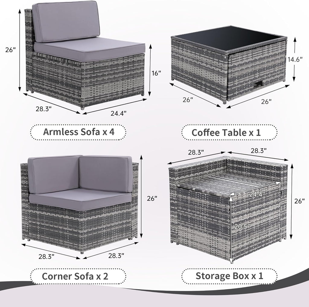 KROFEM 8-Piece Patio Furniture Set, Outdoor Wicker Rattan Sectional with Thick Cushions, Glass Top Table with Hidden Storage, Outdoor Conversation Set for Backyard, Porch, Patio, Grey