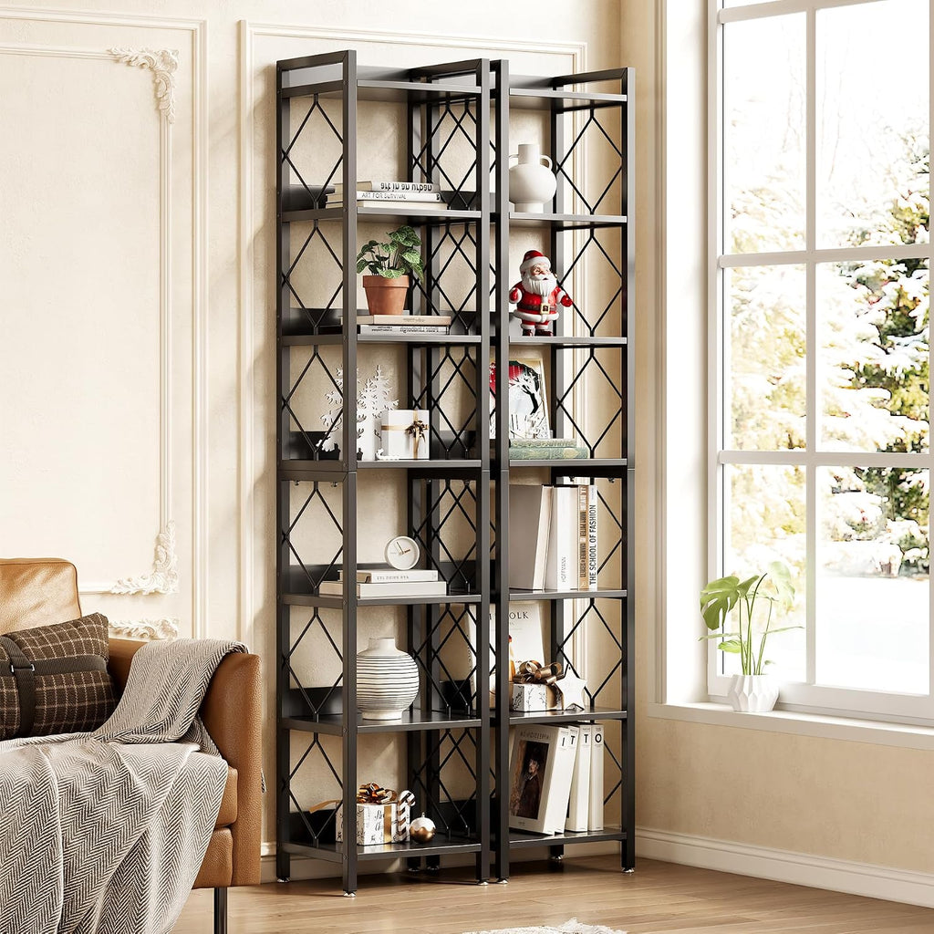 LITTLE TREE Book Shelf Set of 2, 7-Tier Tall Bookcase, Wooden Display Shelves with Metal Frame for Living Room, Modern Narrow Standing Bookshelves for Bedroom, Black Office Shelf for Small Spaces