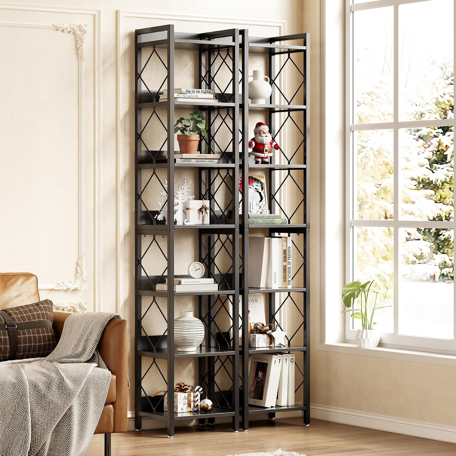 LITTLE TREE Book Shelf Set of 2, 7-Tier Tall Bookcase, Wooden Display Shelves with Metal Frame for Living Room, Modern Narrow Standing Bookshelves for Bedroom, Black Office Shelf for Small Spaces