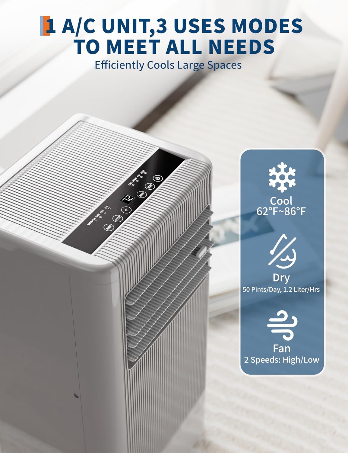 10,000 BTUs Portable Air Conditioner, Portable AC Unit 4 Modes with Cool, Fan, Dehumidifier, Sleep Mode, Cools up to 450 Sq. Ft, Full Set Installation Kit, for Bedrooms Offices Use, Black&Grey Cover