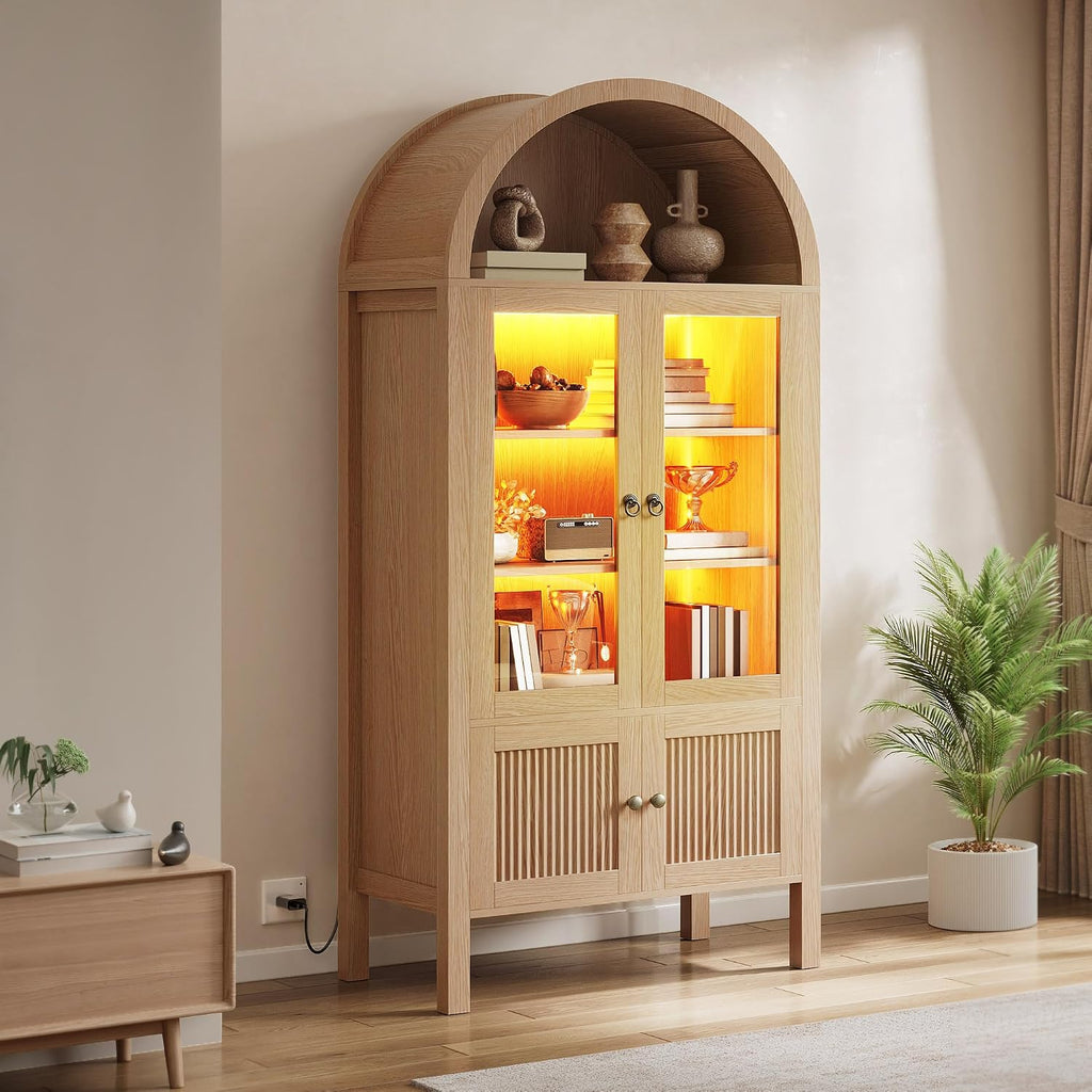 YITAHOME 71' Arched Cabinet Bookshelf Bookcase with LED Light/Wood Display Cabinet with Tempered Glass Doors and Adjustable Shelves/Kitchen Pantry with Storage for Living Room,Dining Room-Nature