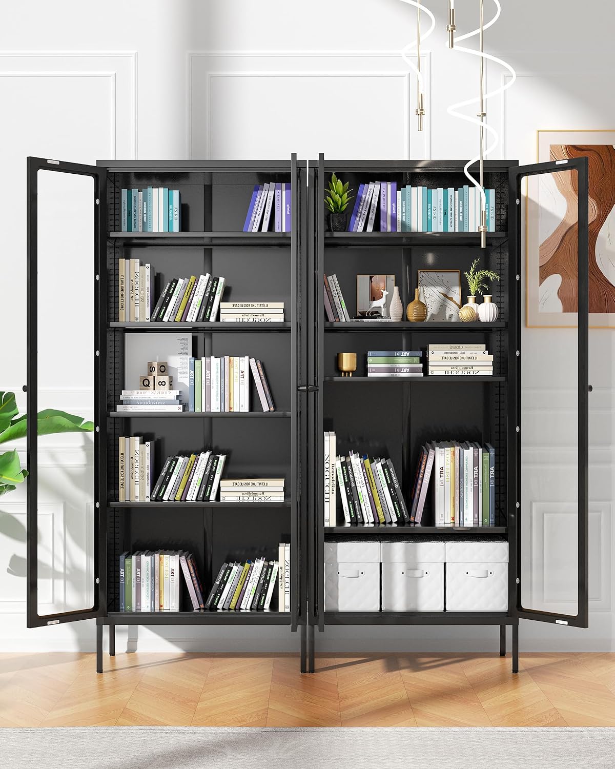 Bonusall Display Cabinet with Glass Doors,67' Metal Display Curio Cabinet with Glass Doors and 4 Adjustable Shelves for Collectibles,Home Office,Living Room,Gaming Room(Black)