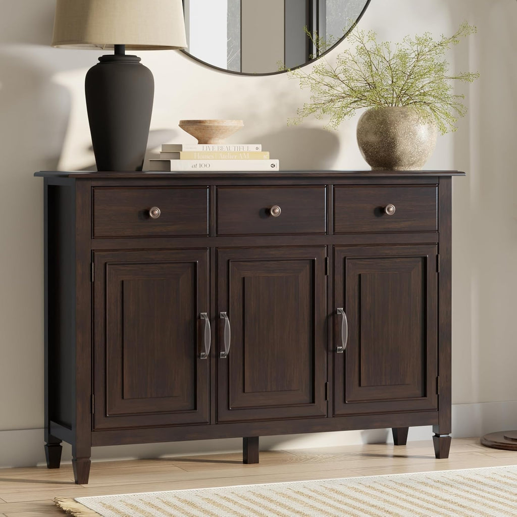 SIMPLIHOME Connaught 51-inch Wide Solid Wood Storage Cabinet in Chestnut Brown for the Entryway, Mudroom, 3 Drawers and Adjustable Shelves, Traditional Style, Space-Saving Design