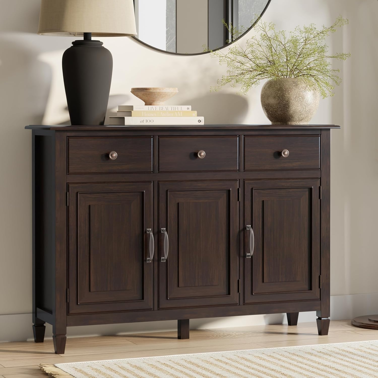 SIMPLIHOME Connaught 51-inch Wide Solid Wood Storage Cabinet in Chestnut Brown for the Entryway, Mudroom, 3 Drawers and Adjustable Shelves, Traditional Style, Space-Saving Design