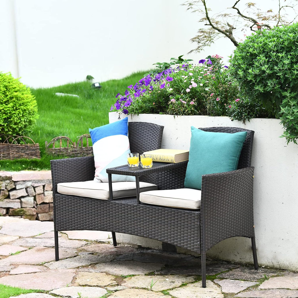 Tangkula Outdoor Rattan Loveseat with Built-in Coffee Table, 2-Person Patio Conversation Set with Cushions & Table, Modern Patented Wicker Sofa Set, Wicker Sofa for Garden Lawn Backyard, Beige