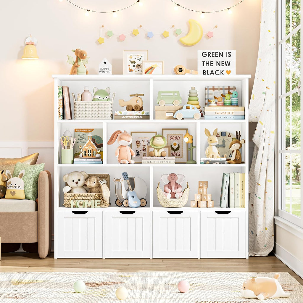 FINETONES Toy Storage Organizer, Kids Bookshelf with 4 Movable Chests and 7 Storage Cubes, Toy Chest Storage with Hidden Wheels, Toy Organizers and Toy Storage, White