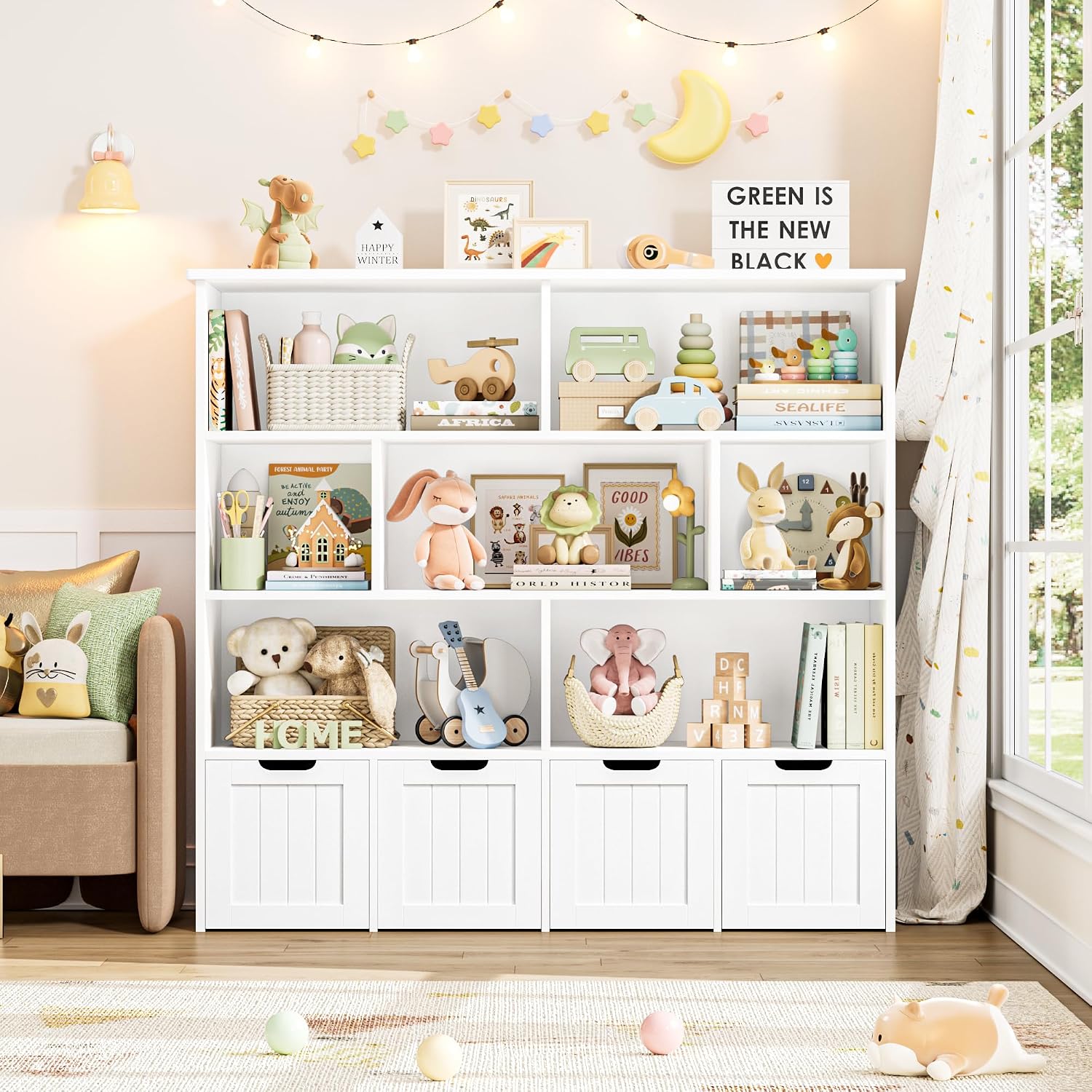 FINETONES Toy Storage Organizer, Kids Bookshelf with 4 Movable Chests and 7 Storage Cubes, Toy Chest Storage with Hidden Wheels, Toy Organizers and Toy Storage, White