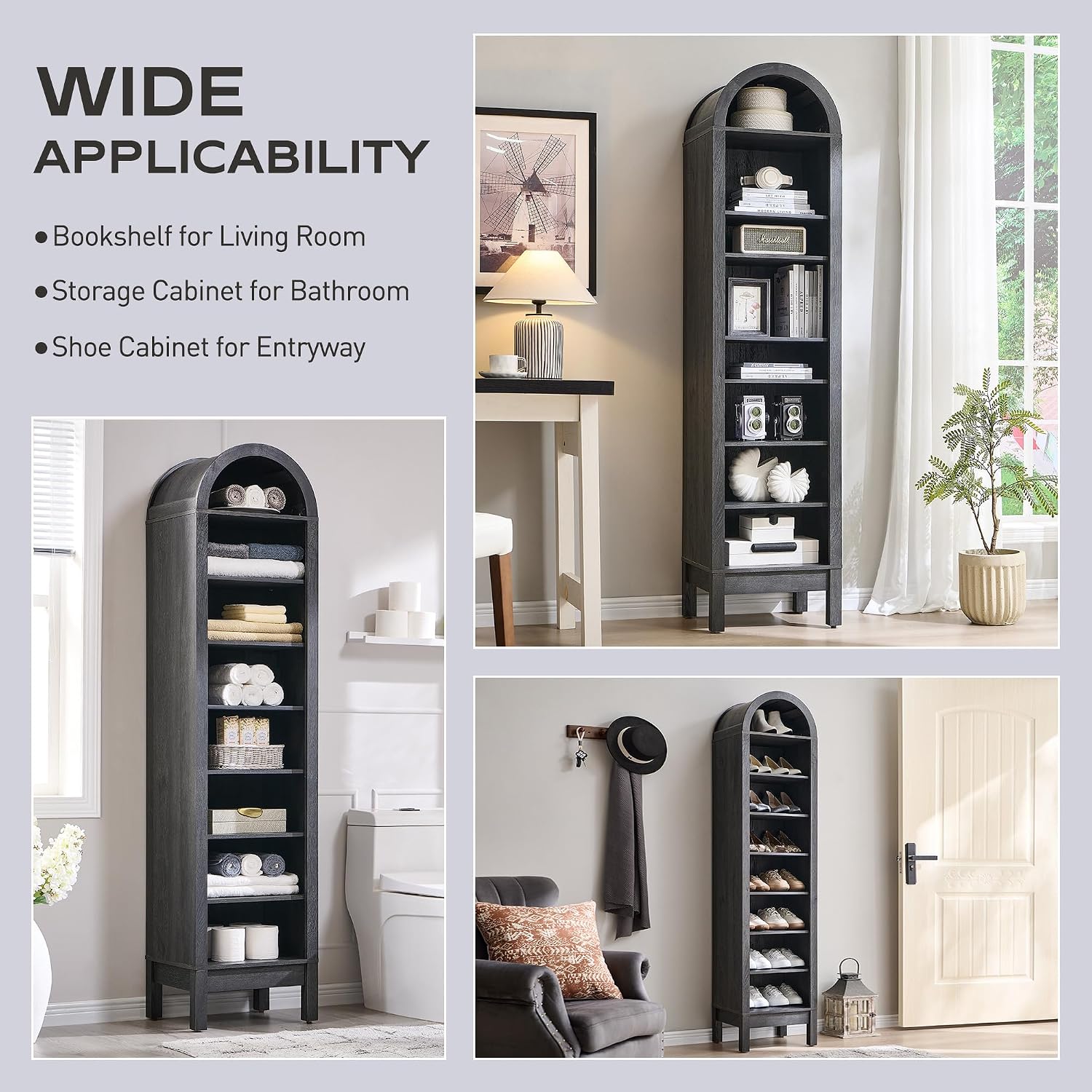 IFGET 71' Tall Arched Bookshelf, 8 Tiers Arch Bookcase with Storage, Modern Farmhouse Book Shelf with Adjustable Shelves, Wood Bookshelf w/Open Display Shelves for Living Room, Office (Dark Grey)