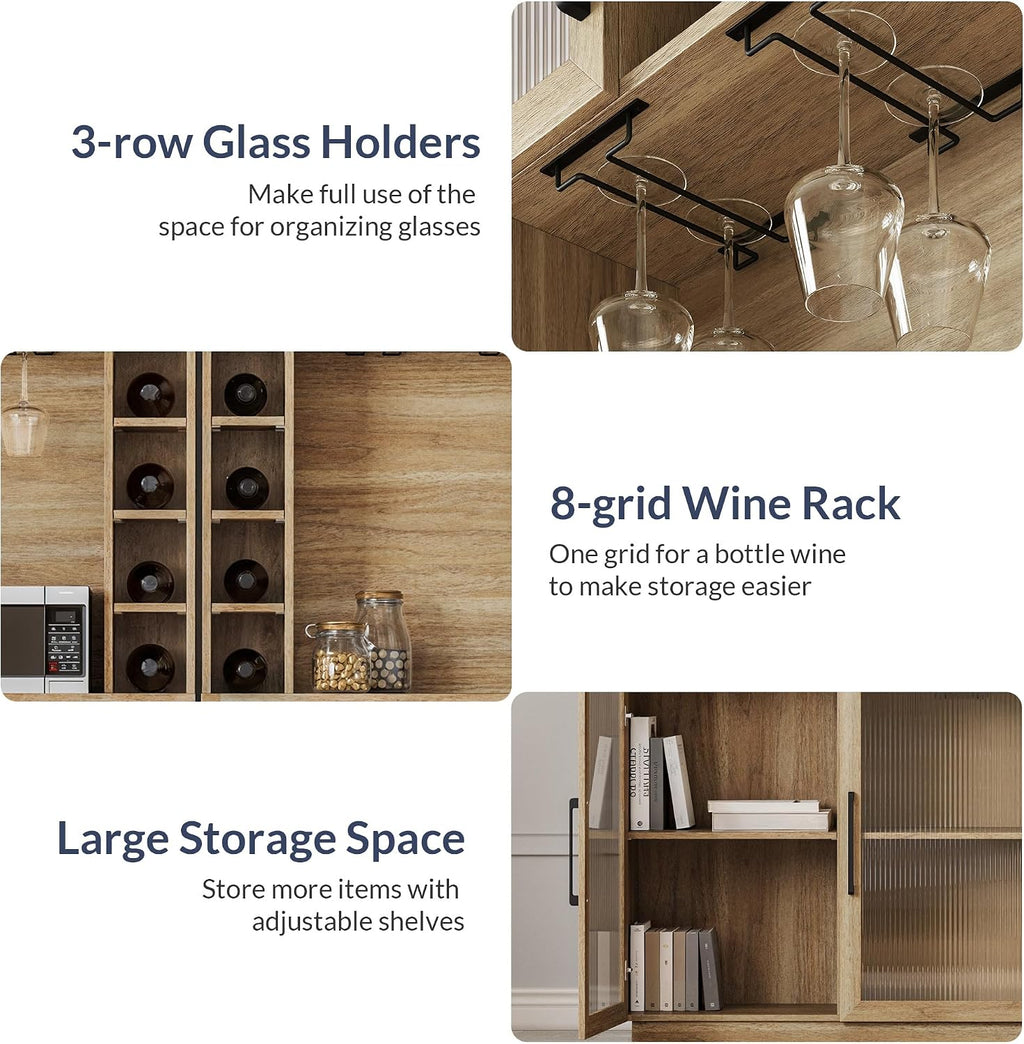 BELLEZE Coffee Wine Bar Cabinet with Power Outlet, 72' Rustic Liquor Cabinet, Fluted Buffet Cabinet with Storage Kitchen Pantry Cupboard Wine & Glasses Rack Server with Hutch for Dining Room - Camel