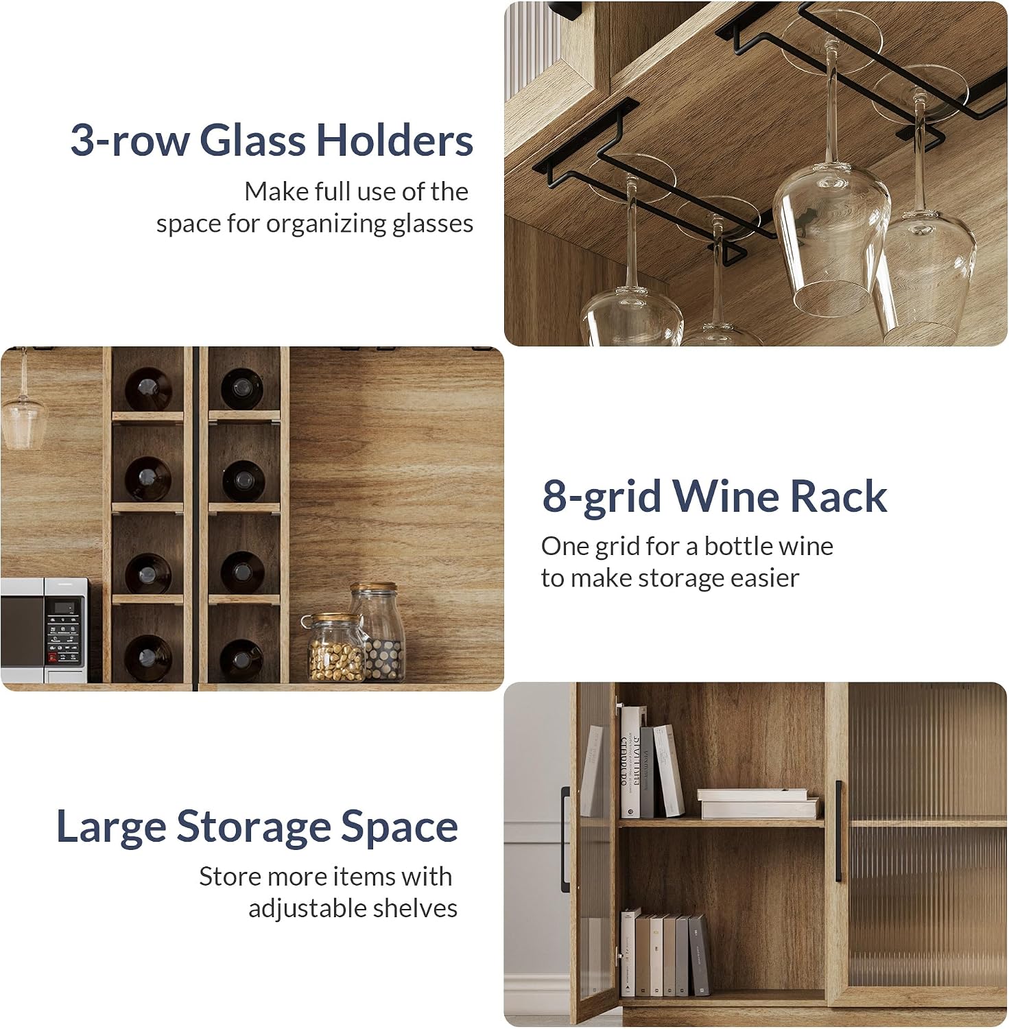 BELLEZE Coffee Wine Bar Cabinet with Power Outlet, 72' Rustic Liquor Cabinet, Fluted Buffet Cabinet with Storage Kitchen Pantry Cupboard Wine & Glasses Rack Server with Hutch for Dining Room - Camel
